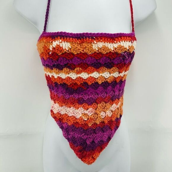 Napper Ariana Handmade Crochet Tankini Top halter Small Purple Orange New - Picture 2 of 10